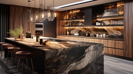 A designer kitchen with a mix of natural stone and high-gloss surfaces