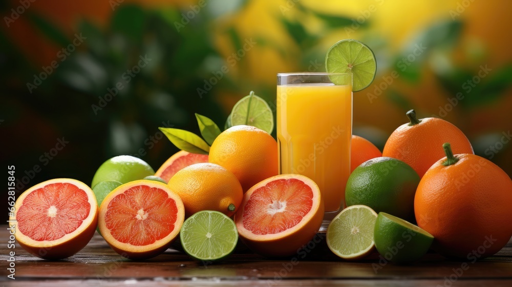 Poster citrus fruit and juice/ multy fruit juice / selective focus