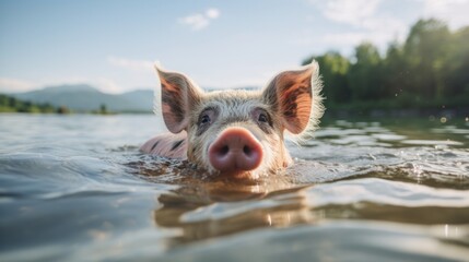 A domestic pig swims towards the camera in a lake - obrazy, fototapety, plakaty