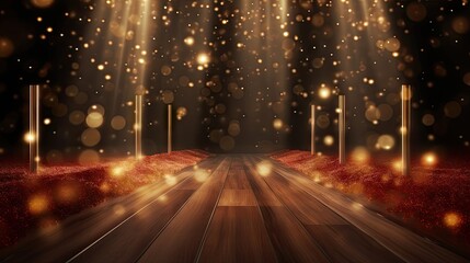 Luxury Red Carpet Entry with Spot Lights Golden Falling Particles Shimmer for show recognition award night. Event Night Concert Celebrity paparazzi Wedding Ceremony, 3D Illustration. 3d illustration. - obrazy, fototapety, plakaty