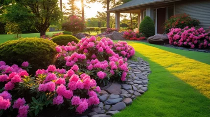 Foto op Plexiglas A beautiful artificial lawn in the front yard with nice flowers and shrubs surrounding it © HN Works