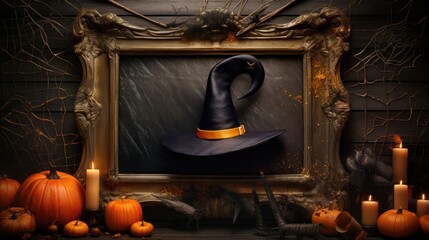 Fototapeta na wymiar halloween frame with pumpkin and witch hat