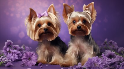 Two Cute Playful Yorkshire Terrier among purple background. Dogs after pet grooming. Copy space