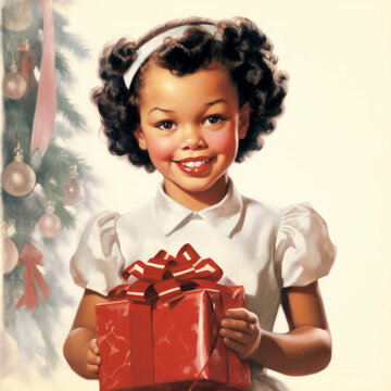 Vintage postcard illustration of an African American girl holding a gift for Christmas 1950s. Vintage Christmas card.
