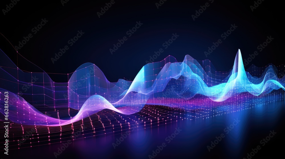 Poster Quantum computer technology concept. Deep learning artificial intelligence. Big data algorithms visualization for business, science, technology. Waves flow, illustration
