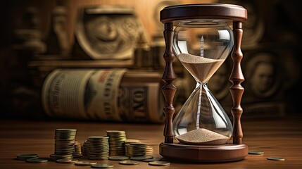 Deadline and time is money concept with hourglass and British coin currency