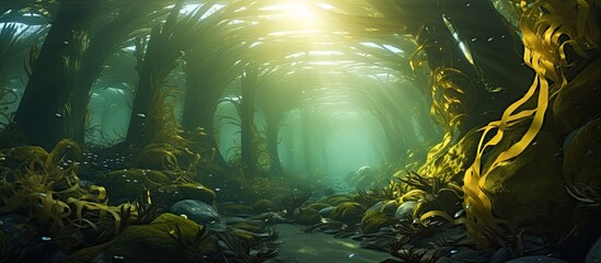 Fototapeta na wymiar Giant kelp thrives in a California underwater forest offering a vital habitat for marine life and rapid growth potential With copyspace for text