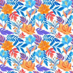 Fototapeta na wymiar Floral seamless pattern with vector flowers and leaves. Pastel colors, vintage decoration. Ready for print on textile, wrapping paper or wallpaper