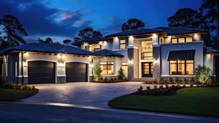 Fototapeta na wymiar Home Exterior at Night: New Luxury House at Night with Deep Blue Sky, Three Car Garage, Columns, Gables, Green Lawn, Landscaping, and Driveway