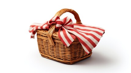 Wicker picnic basket with napkin isolated on white background - obrazy, fototapety, plakaty
