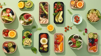 Lunchboxes on color table, flat lay. Healthy food delivery - obrazy, fototapety, plakaty