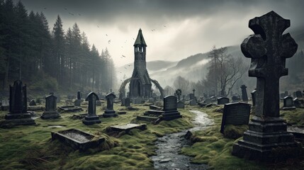 Medieval church ancient graves Celtic crosses in Glendalough Cemetery. Moody autumn forest, mountains in rain, storm sky in background Wicklow Ireland - obrazy, fototapety, plakaty