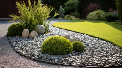 Decorative ground in the garden with artificial grass, gravel and explsed aggregate finish - obrazy, fototapety, plakaty
