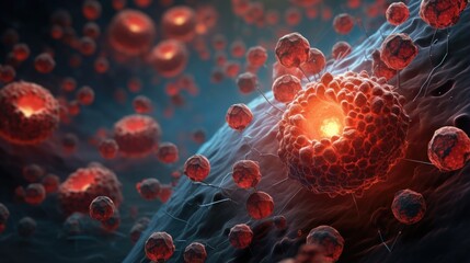 Tumor microenvironment concept with cancer cells, T-Cells, nanoparticles, cancer associated fibroblast layer of tumor microenvironment normal cells, molecules, and blood vessels 3d rendering - obrazy, fototapety, plakaty