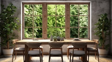 Fototapeta na wymiar Stylish and botany interior of dining room with design craft wooden table, chairs, a lof of plants, big window, poster map and elegant accessories in modern home decor. Template.