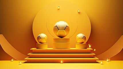 Gold podium with yellow neon ring on background, champion cups and sport balls on podium