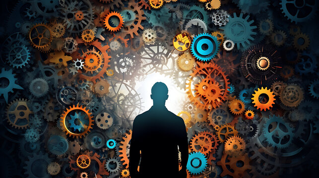 An image of a person's silhouette made up of interconnected gears and cogs, symbolizing the idea of human determination, productivity, and the inner workings of ambition