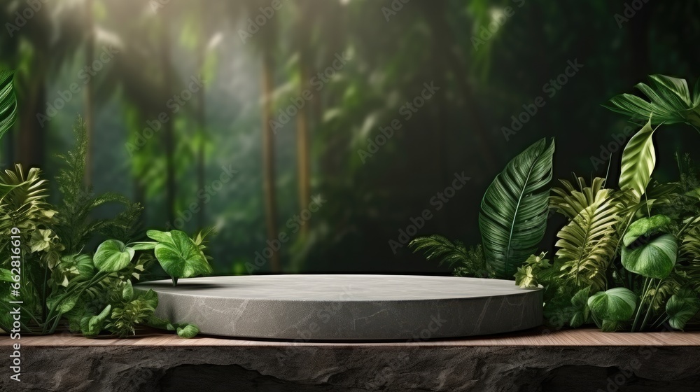 Poster stone product display podium with nature leaves background. 3d rendering