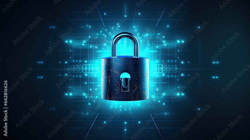 Poster iiluminated padlock icon on blue background. digital data protect. cyber data. information privacy. 