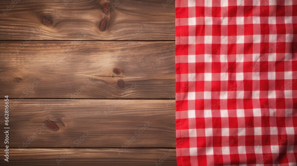 Aufkleber Red checkered tablecloth on empty wooden table. Napkin close up top view mock up for design. Kitchen rustic background.