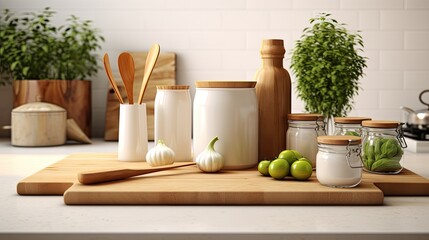 Cooking tools with wooden cutting boards, oil and shaker at white modern kitchen interior.