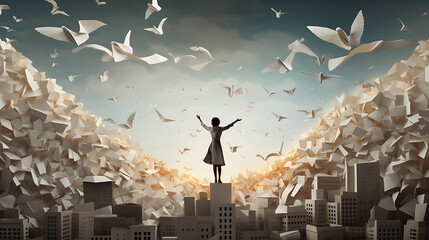 An image of a person with wings made of paper, soaring above a cityscape filled with floating origami birds, embodying the idea of artistic expression, creativity, and freedom of thought 