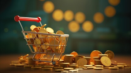 Growth of food sales or growth of market basket or consumer price index concept. Shopping basket with foods on coin stacks. 3d illustration - obrazy, fototapety, plakaty