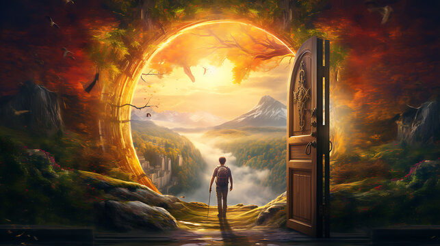 An image of a person holding a key that unlocks a door to a world of endless possibilities, with vibrant landscapes and fantastical realms visible through the open door, symbolizing the potenti