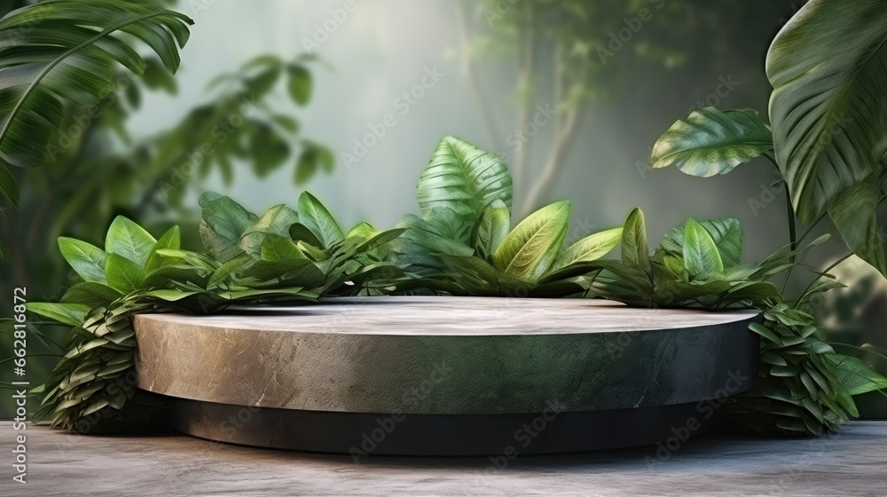 Poster Stone product display podium with nature leaves background. 3D rendering