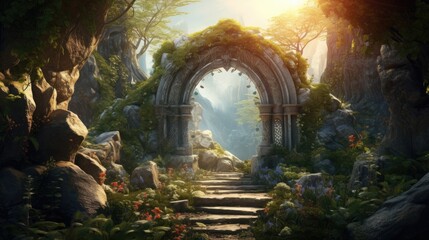 Magic Gate. Mysterious Entrance portal to Fantasy world. Ancient ruins. Passage to another world. Stone door to an alien world. Fantasy landscape with sunrise. Fairy-tale scene. 3D art