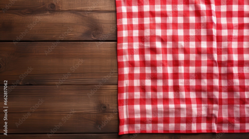 Aufkleber Red checkered tablecloth on empty wooden table. Napkin close up top view mock up for design. Kitchen rustic background.