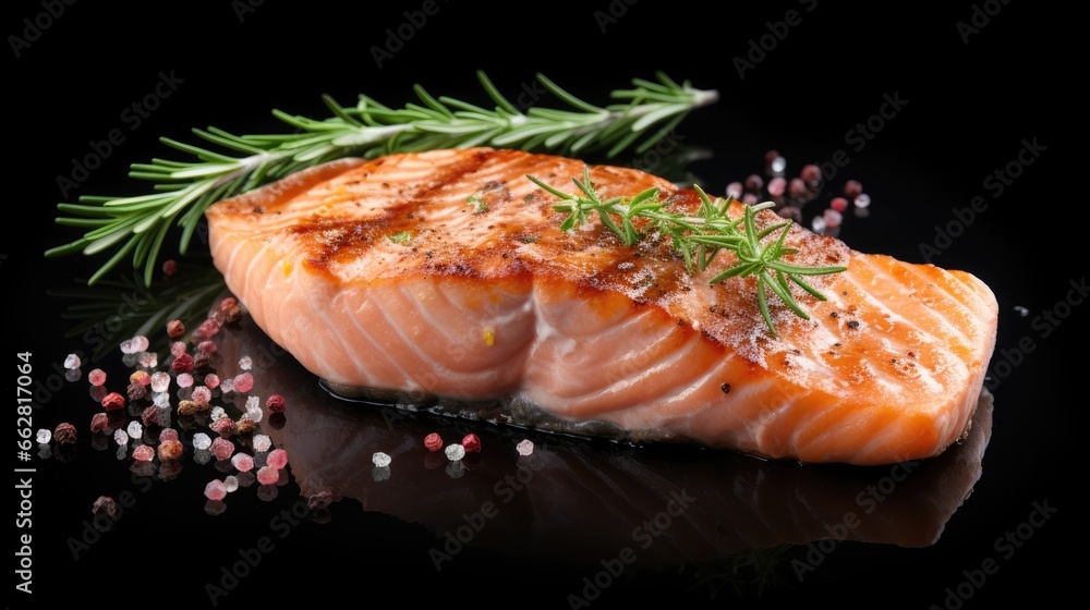 Sticker BBQ grilled Salmon Fish Steak on a grill with thyme and pink salt. Isolated on white background