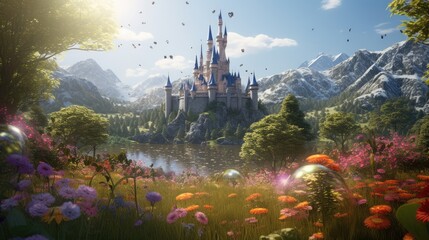 3d image of fairy tale castle, meadow with wild flowers, soap bubbles in the air, dense vegetation, mountains in the background 3d rendering