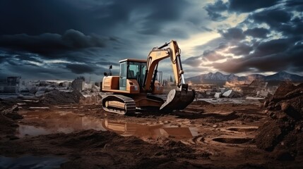 Wheeled works in a pit at a construction site. The excavator carries out excavation work on the background of a cloudy sky. View from the trench. Preparation of a pit for construction