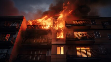 fire on the balcony of a multi-storey building, black clouds of smoke, apartment smoke, extinguishing fire in a residential building, fire escape, emergency