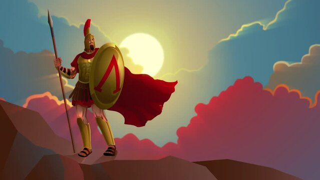 Motion graphics of Spartan warrior with his shield and spear standing gallantly against sunlight