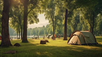 Tents Camping area, early morning, beautiful natural place with big trees and green grass, Europe - obrazy, fototapety, plakaty