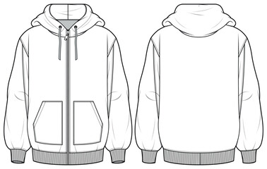 Long sleeve Hoodie jacket design flat sketch Illustration, Hooded sweater jacket with front and back view, winter jacket for Men and women. for hiker, outerwear and workout in winter - obrazy, fototapety, plakaty