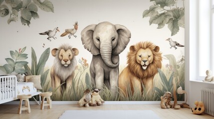 cute animals wallpaper design for kids room