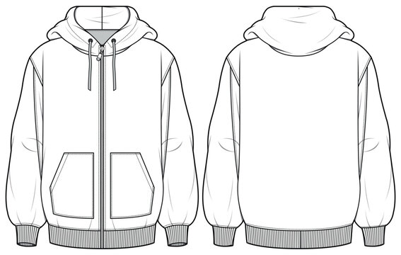 Long sleeve Hoodie jacket design flat sketch Illustration, Hooded sweater jacket with front and back view, winter jacket for Men and women. for hiker, outerwear and workout in winter
