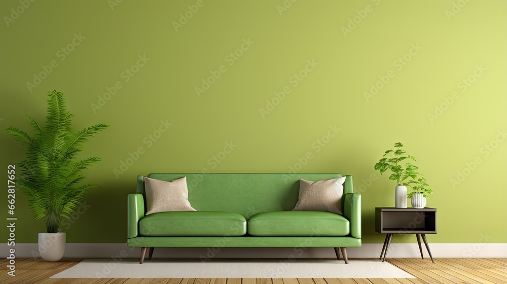 Aufkleber mockup living room interior with green sofa on empty cream color wall background.3d rendering