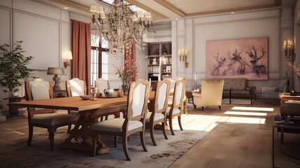 Fototapeta na wymiar A dining room with a mix of contemporary and traditional furniture