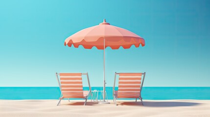 Obraz premium Beach umbrella with chairs and sand on pastel blue background. summer vacation concept. 3d rendering
