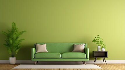 Mockup living room interior with green sofa on empty cream color wall background.3d rendering