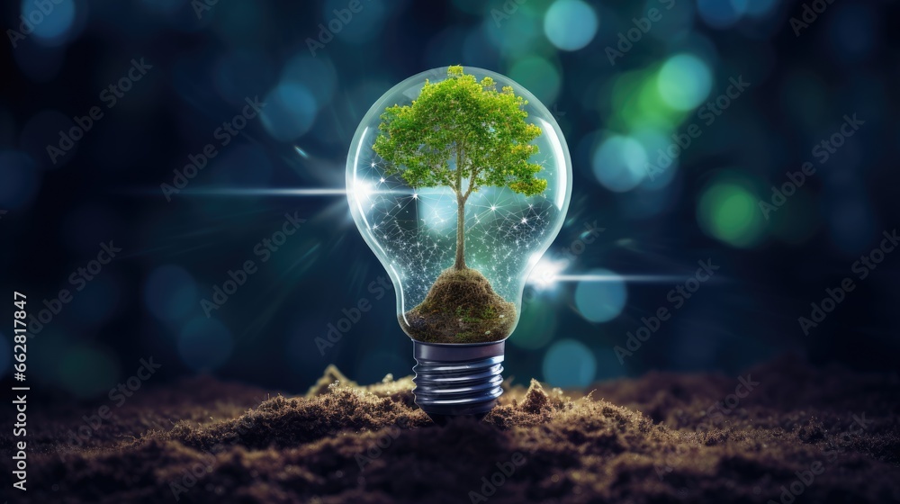 Poster tree with soil growing on light bulb. digital convergence and and technology convergence. blue light