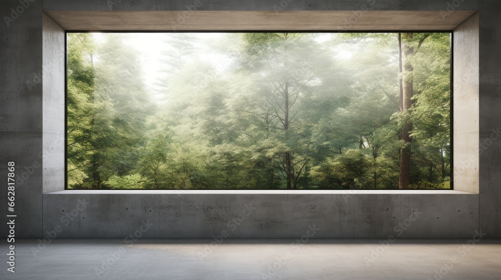 Poster 3d render of empty concrete room with large window on nature background.