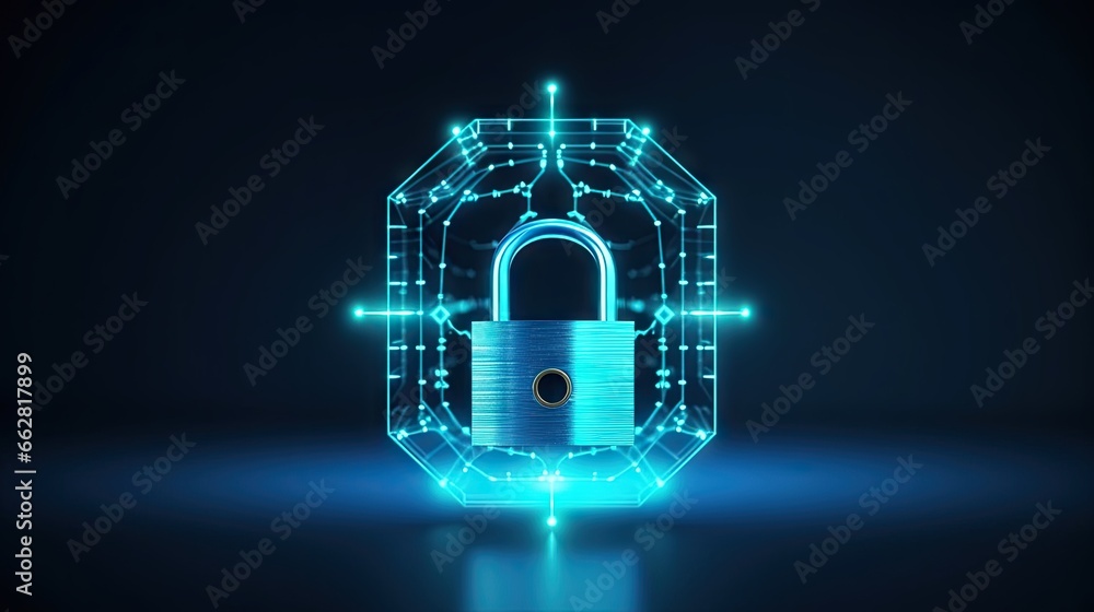 Poster iIluminated Padlock icon on blue background. Digital data protect. Cyber data. Information Privacy. Copy space banner.