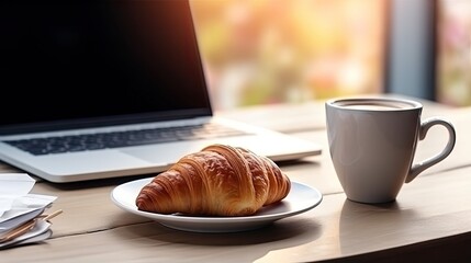 Fresh tasty croissant and a cup of coffee against the background of the workplace of a businessman, student, manager, freelancer, financial analyst.Coffee time at work. Remote work. Stay home concept. - obrazy, fototapety, plakaty