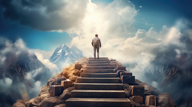 Career future, hope for work success or search for career path, ambition to find work opportunity, job promotion or business strategy concept, businessman climb up on briefcase see through binoculars.