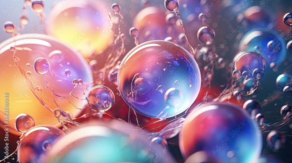 Poster 3d rendering cosmetics serum bubbles on defocus background. miracle bubble design for cosmetics. tra